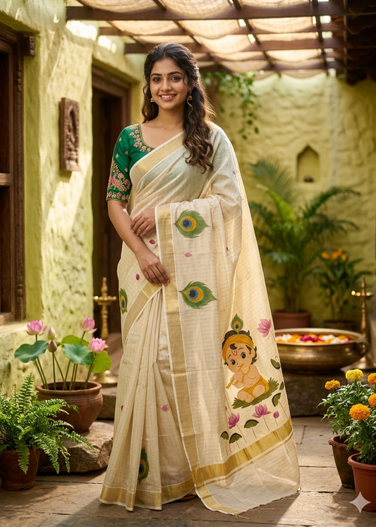Kerala Tissue Krishna Handpainted Line Saree With Embroidery SL305
