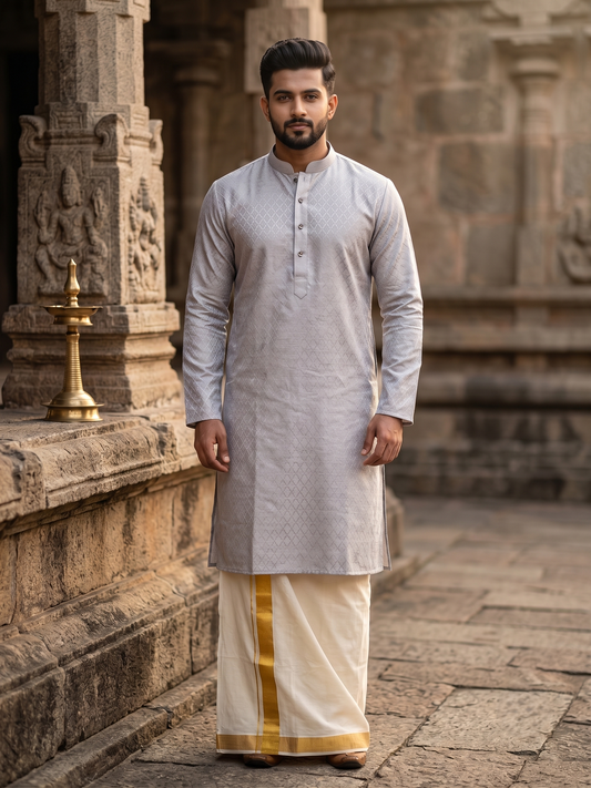 Southloom Yellow Woven Patterns Semi Silk Short Kurta for Men SL590