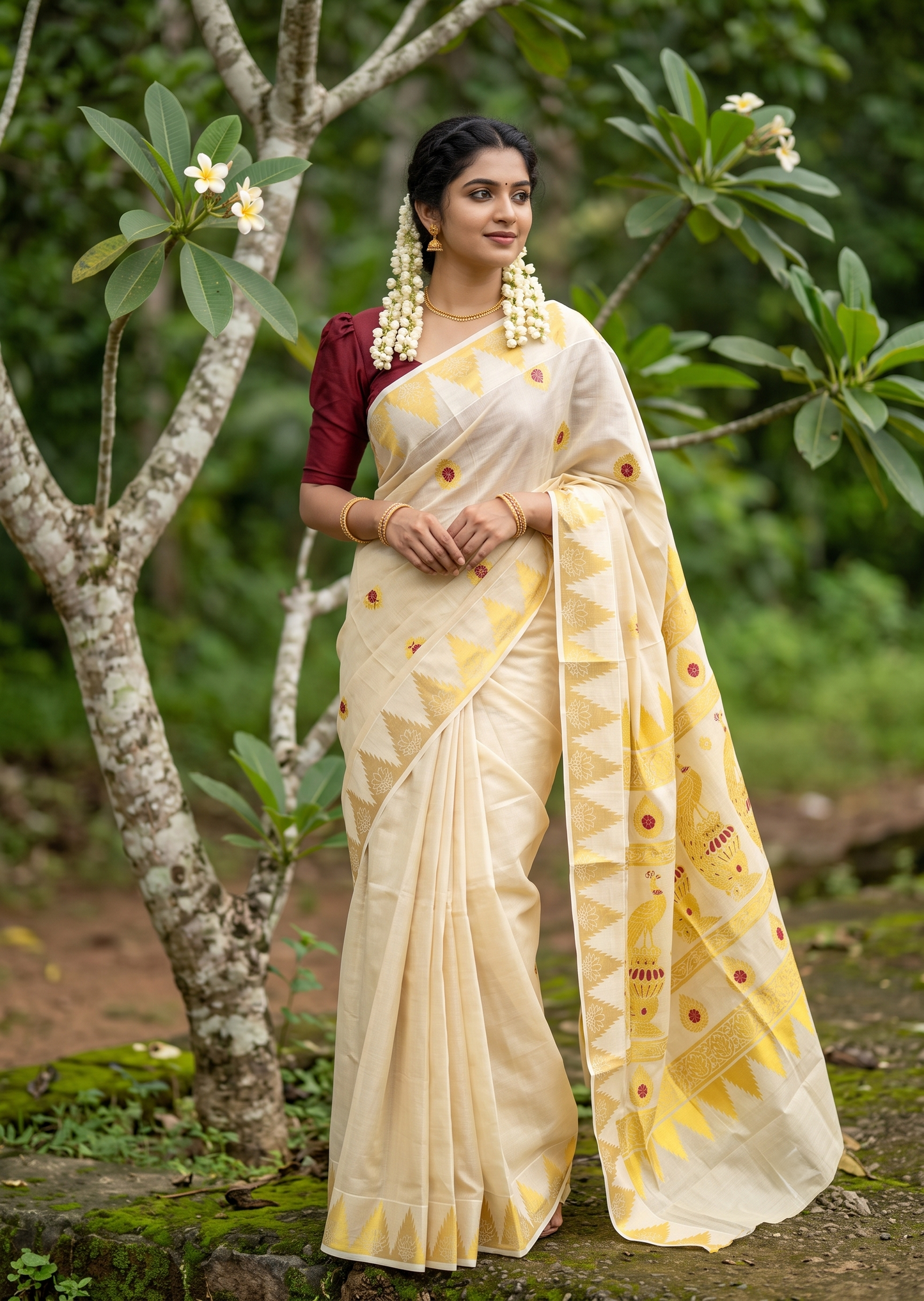 Southloom Tissue Kerala Kasavu Heavy Work Saree with Peacock Woven Design on Borders