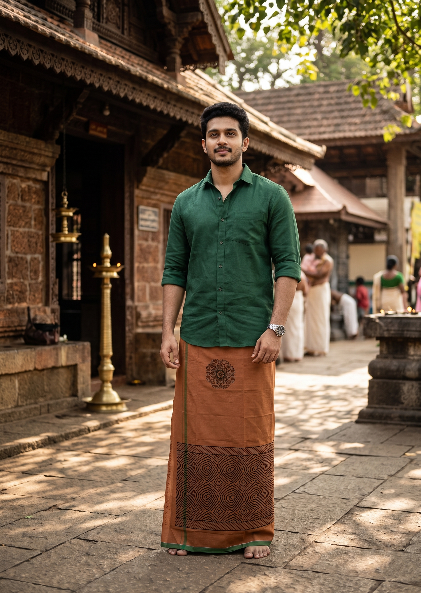 Southloom Saffron (Kaavi) Black Printed Single Mundu / Lungi (South Indian Kerala Dhoti) SL319