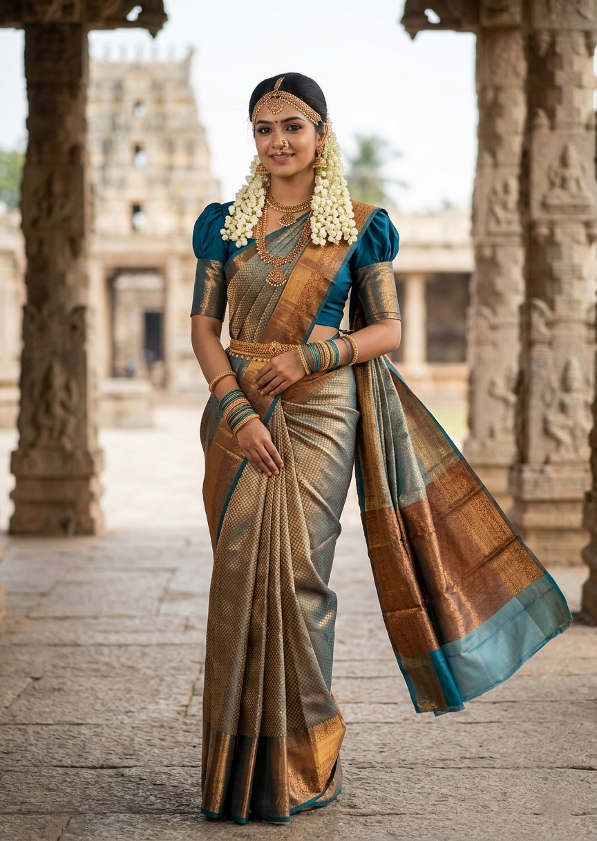 Southloom Brocade Silk Bridal Saree WIth Woven Borders And Blouse Piece