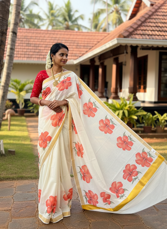 Southloom Tissue  Kerala Kasavu Saree with Floral Digital Printed