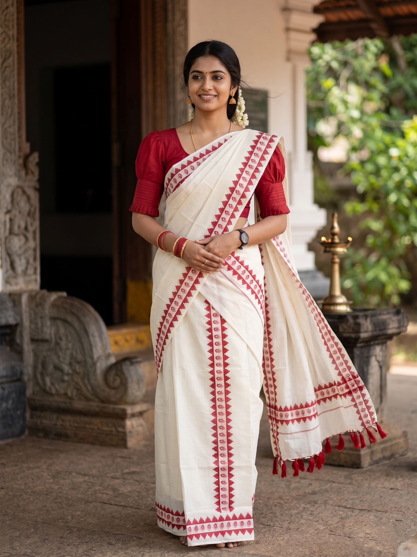 Southloom Cotton Single Set Mundu (Mundu Neriyathum) Red Printed Border With Tussles in 2.80 Mtrs