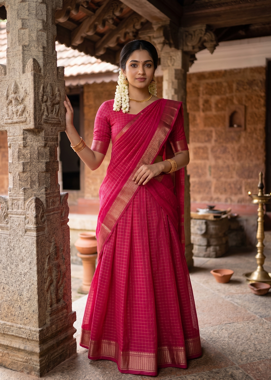 Kerala Southloom Semi UnStitched Dhavani Set with Pavada and Blouse  Piece In Rani Pink SL585