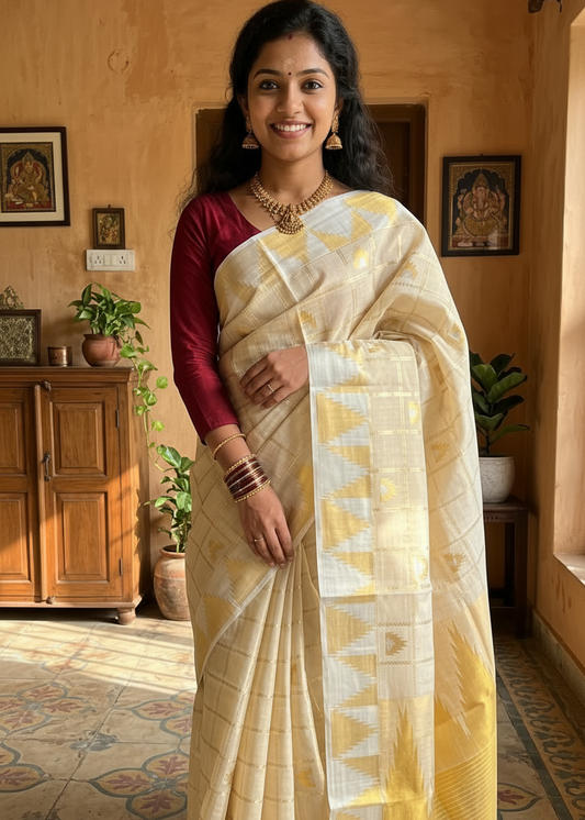 Kerala Tissue Kasavu Check Saree with Temple Border SL204