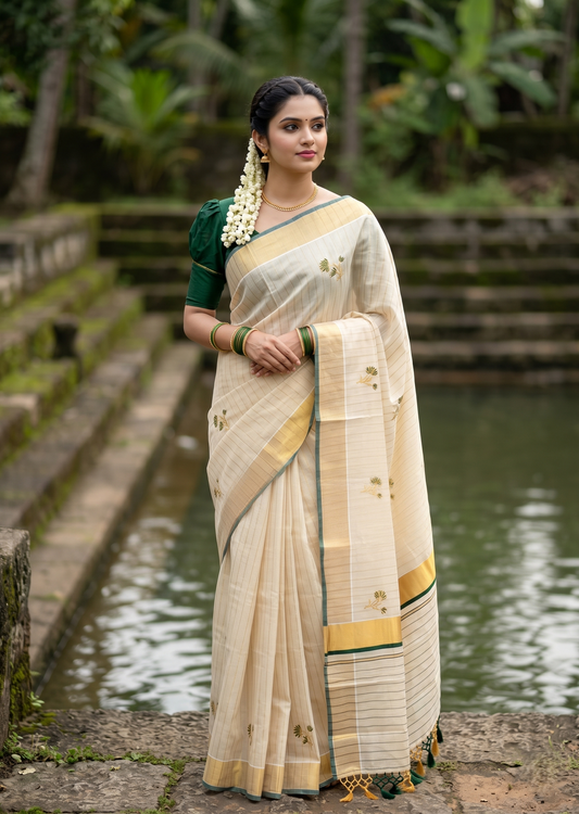 Kerala Tissue Saree With Green Floral Embroidery Design In SL249