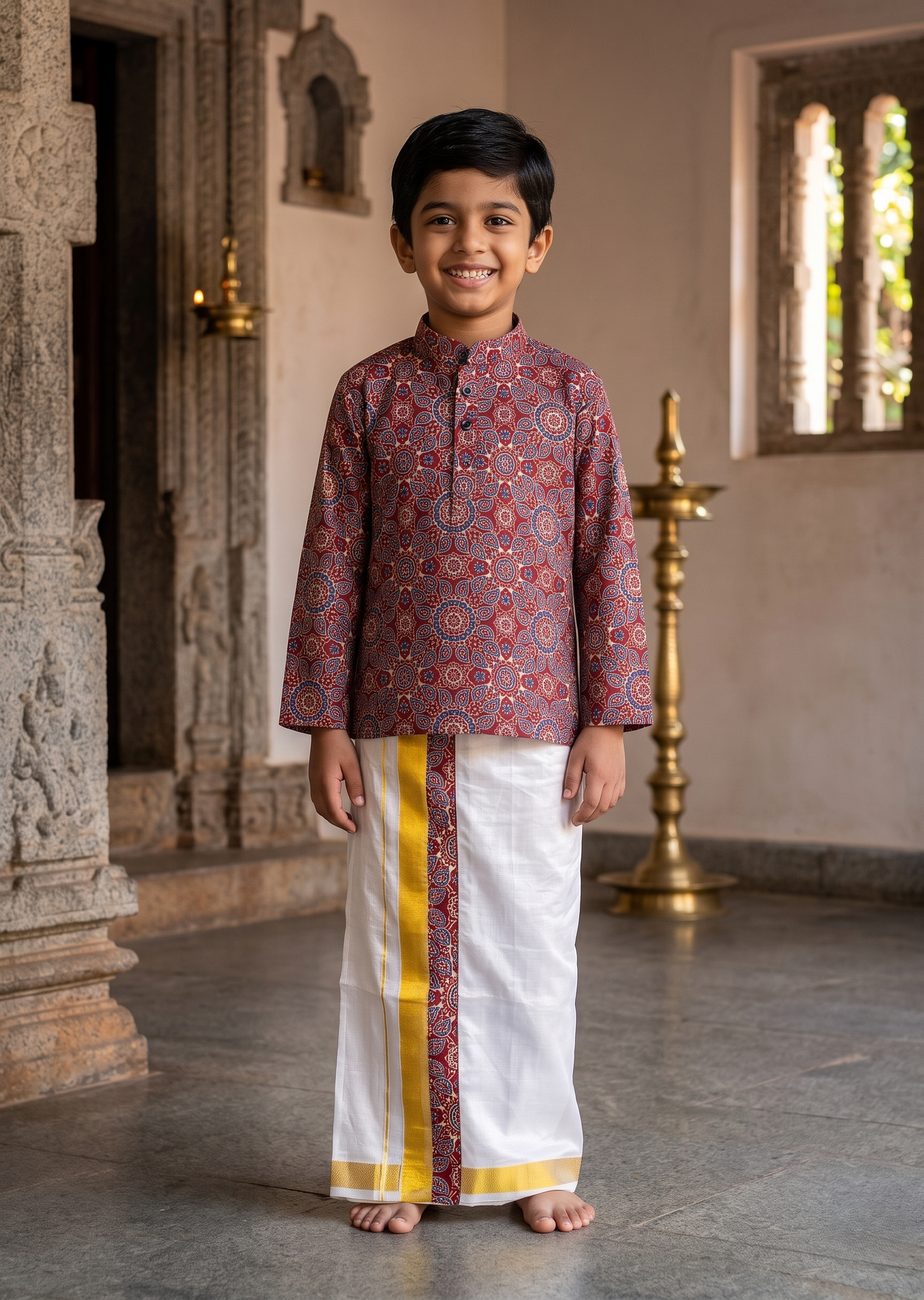 Southloom Tissue Ajrakh Printed Kids's Combo (Kurta + Velcro Mundu)