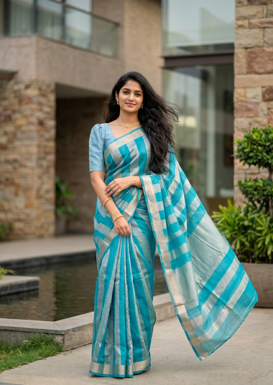 Southloom Tissue Organza Saree With Stripes Design in Double colour SL354