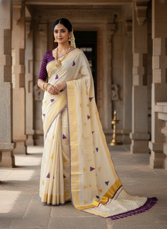 Southloom Kerala Tissue Kasavu Line Saree with Purple Temple Embroidery Works