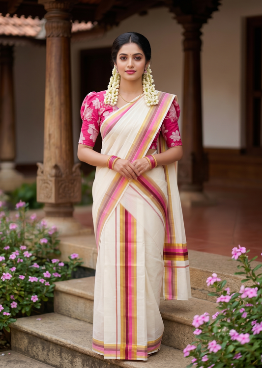 Southloom Pure Cotton Set Mundu with Gold Kasavu and Pink & Black Border in 2.80 Mtrs SL403