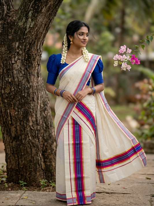Kerala Cotton Kasavu Set Mundu (Mundum Neriyathum) with Magenta and Blue Border 2.80 Mtrs