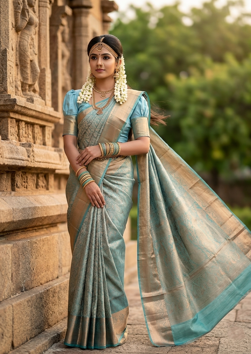 Southloom Pure Handloom Bridal Kanchipuram Silk Saree with Korvai Work (Blue)