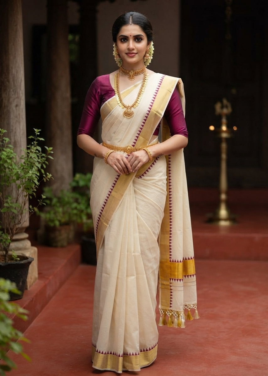 Southloom Kerala Cotton Kasavu Saree With Maroon Temple Border And Tassels