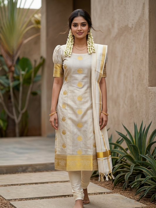 Southloom Kerala Tissue Churidar Salwar Material with Woven Work  (include Shawl / Dupatta) SL601