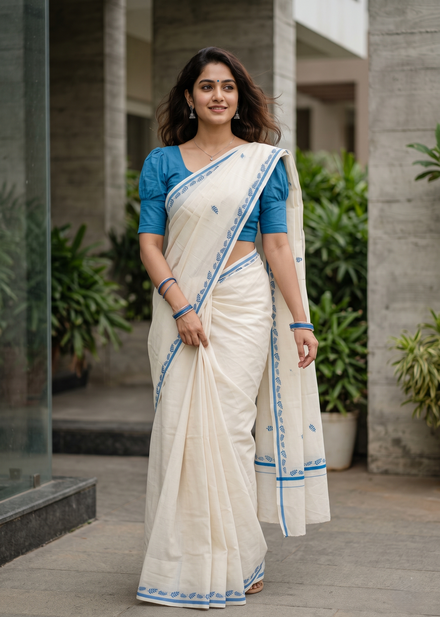Southloom Cotton Kerala Saree With Blue Prints On Border SL501