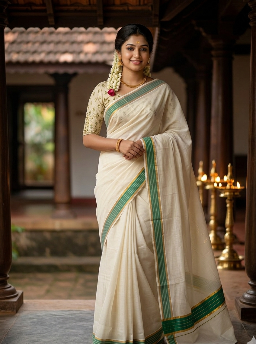 Kerala Pure Cotton Plain Kasavu Saree with Green Border SL267