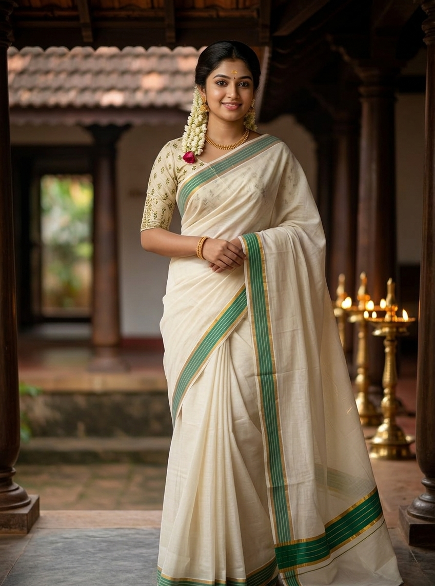 Kerala Pure Cotton Plain Kasavu Saree with Green Border SL267