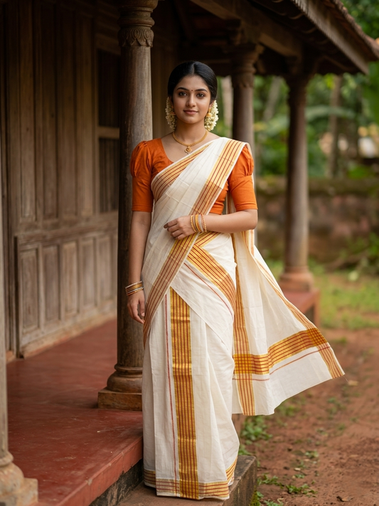 Southloom Pure Cotton Kerala Kasavu Single Set Mundu (Mundum Neriyathum) with Orange and Kasavu Border