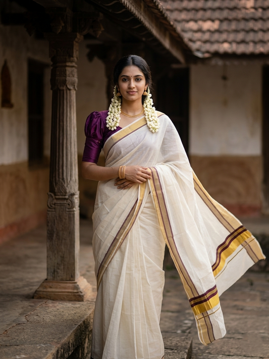 Pure Cotton Kerala Saree with Kasavu and Purple Border