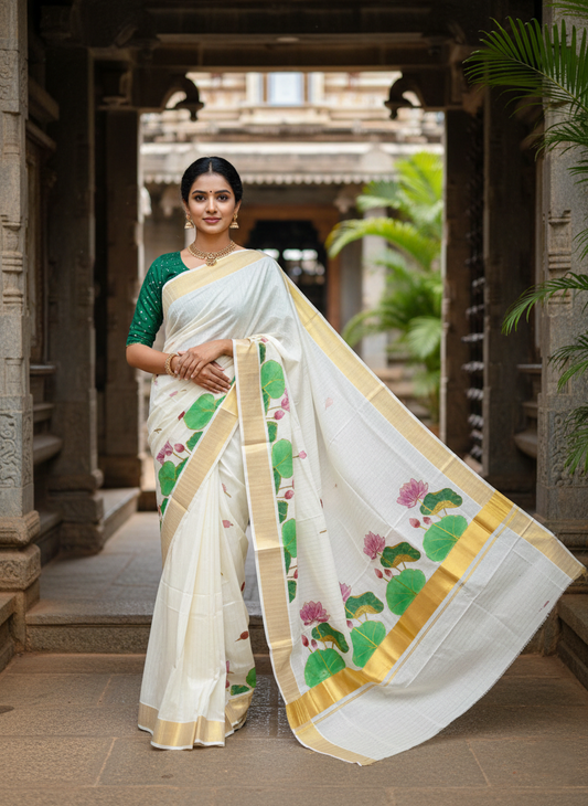 Southloom Cotton Kerala Kasavu Saree with Hand Painted Embroidery Lotus Design