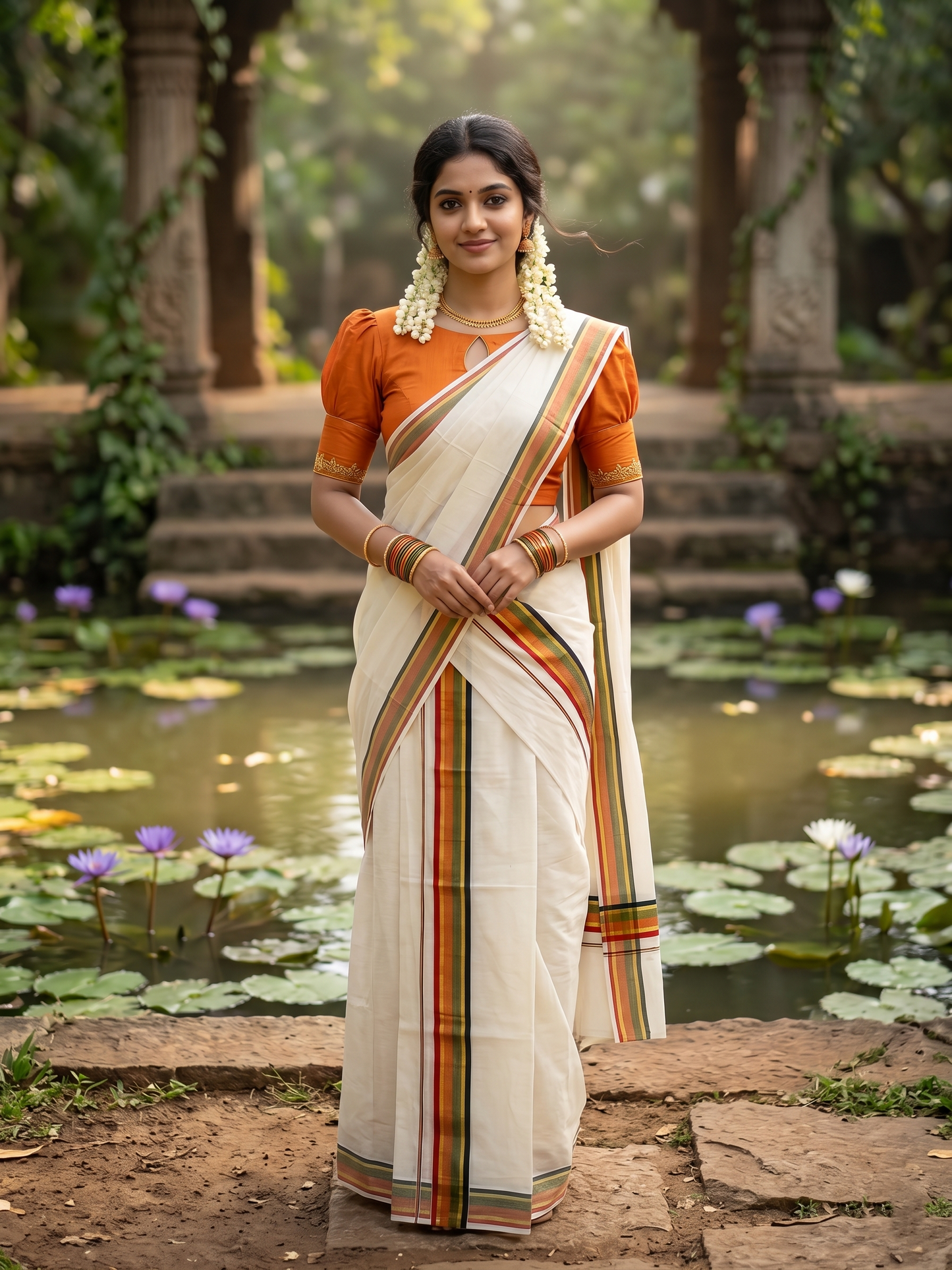 Southloom Kerala Cotton Kasavu Single Set Mundu (Mundum Neriyathum) with Green and Orange Kasavu Border SLKK