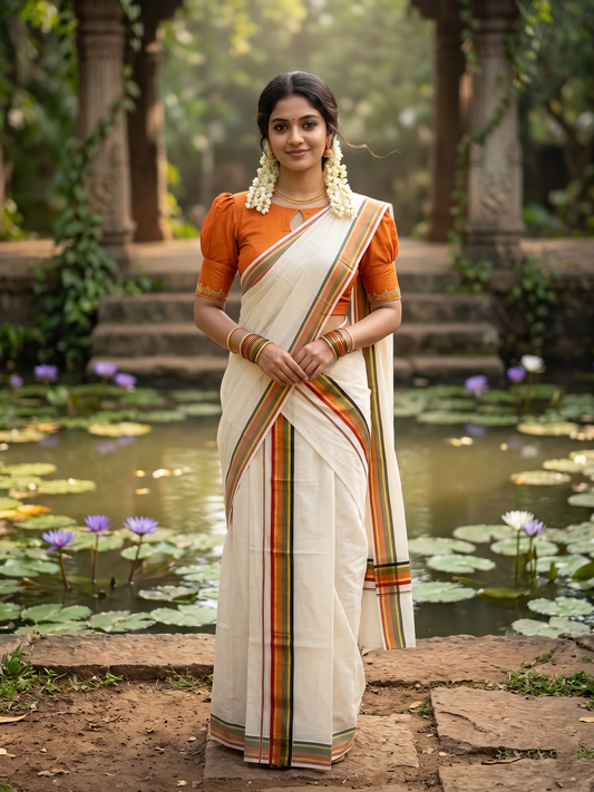 Southloom Kerala Cotton Kasavu Single Set Mundu (Mundum Neriyathum) with Green and Orange Kasavu Border SLKK