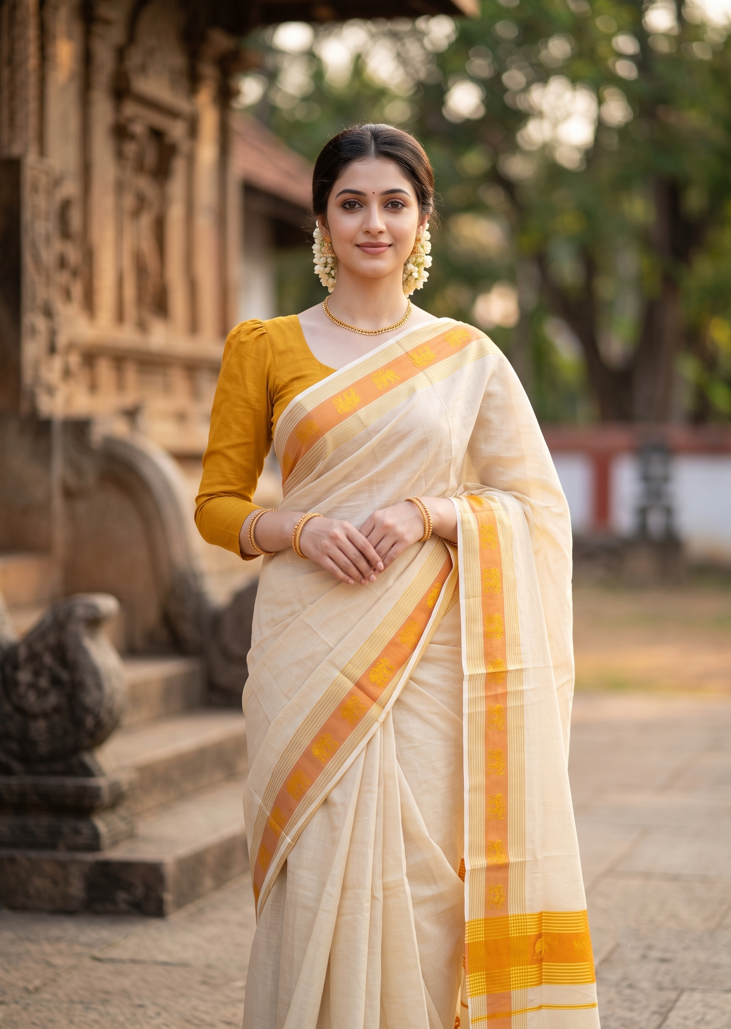 Southloom Kerala Tissue Kasavu Saree with Elephant Digital Print on Borders in Mustard Yellow SL507