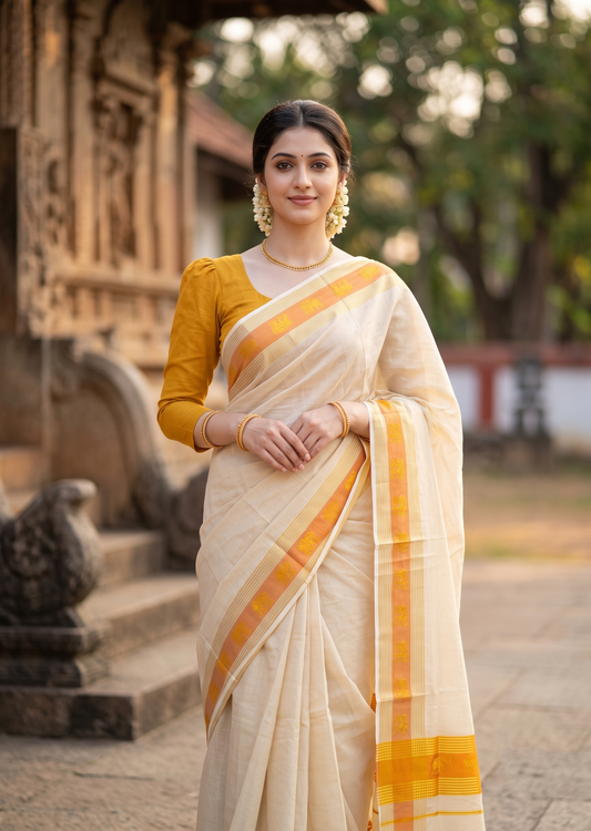 Southloom Kerala Tissue Kasavu Saree with Elephant Digital Print on Borders in Mustard Yellow SL507