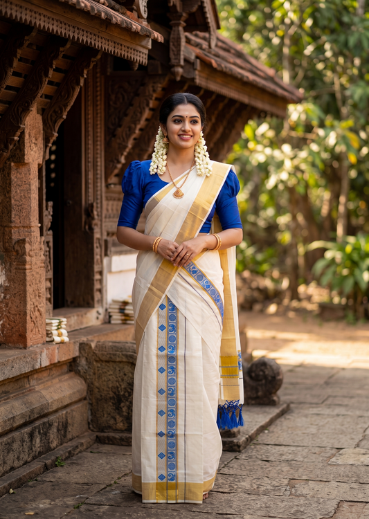 Southloom Kerala Cotton Kasavu Single Set Mundu (Mundum Neriyathum) with Peacock Design in Blue SL527