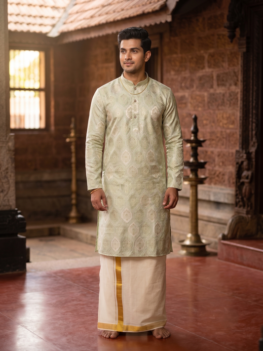 Southloom Green woven Semi Silk Short Kurta for Men SL590