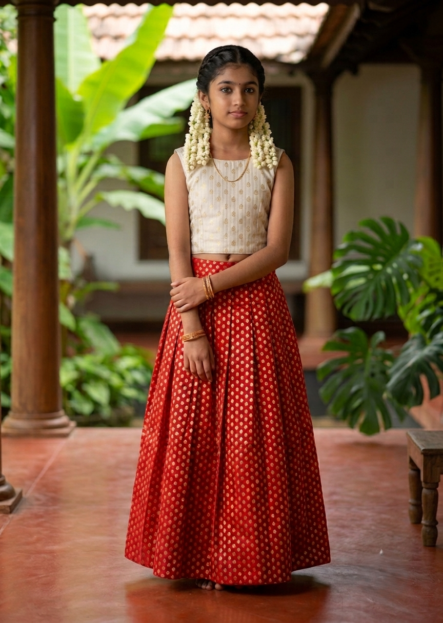 Southloom Kerala Cotton Kasavu Pavada Blouse In Red for Kids