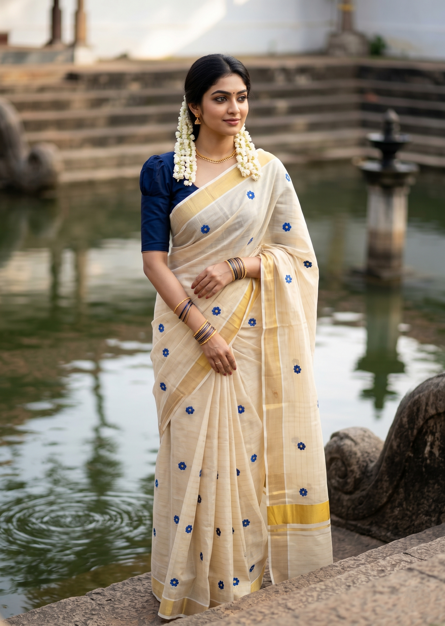 Southloom Kerala Tissue Kasavu Lines Saree with Blue Floral Embroidery Work on Body