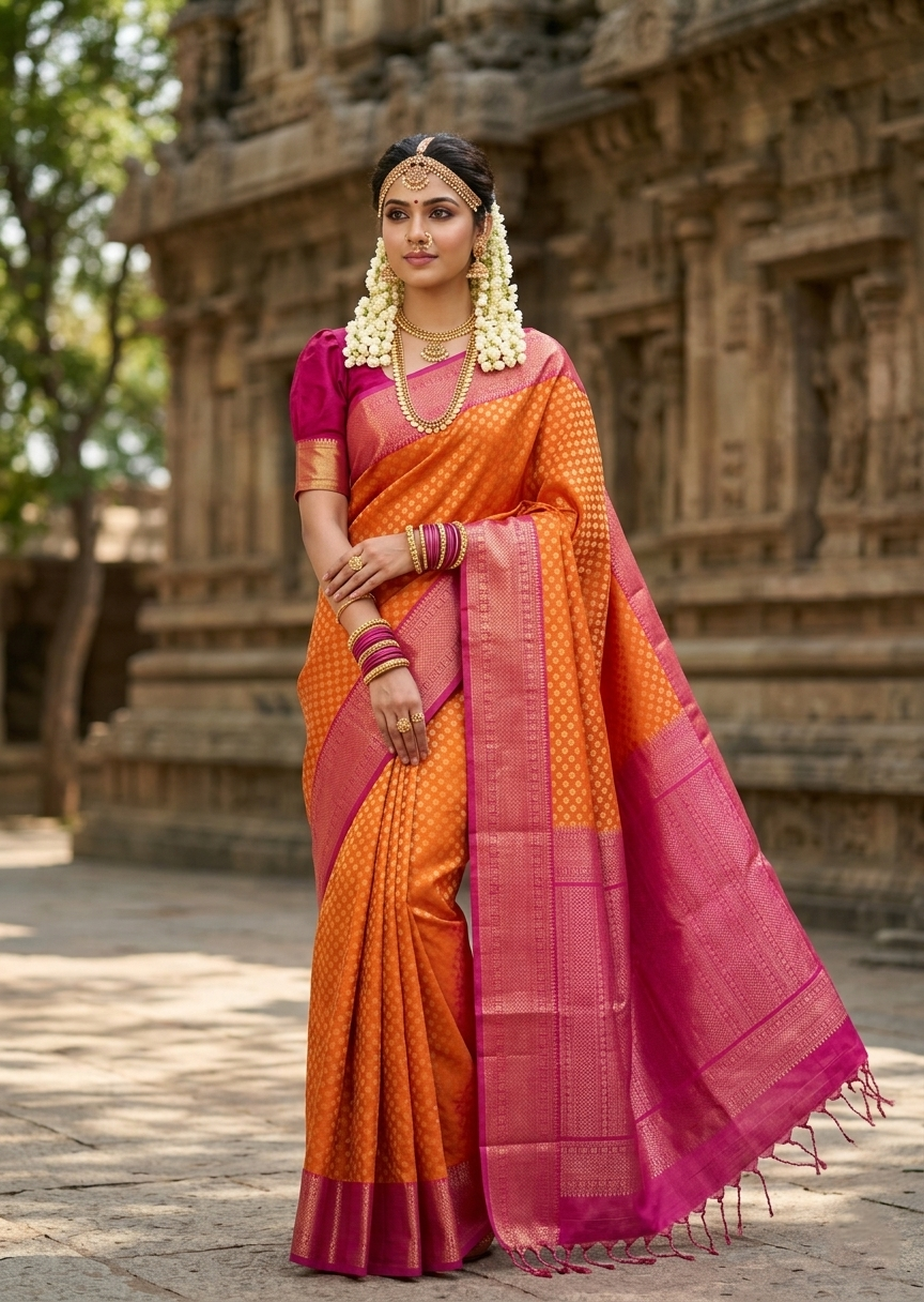 Southloom Pure Handloom Bridal Kanchipuram Silk Saree with Korvai Work (Orange & Pink)