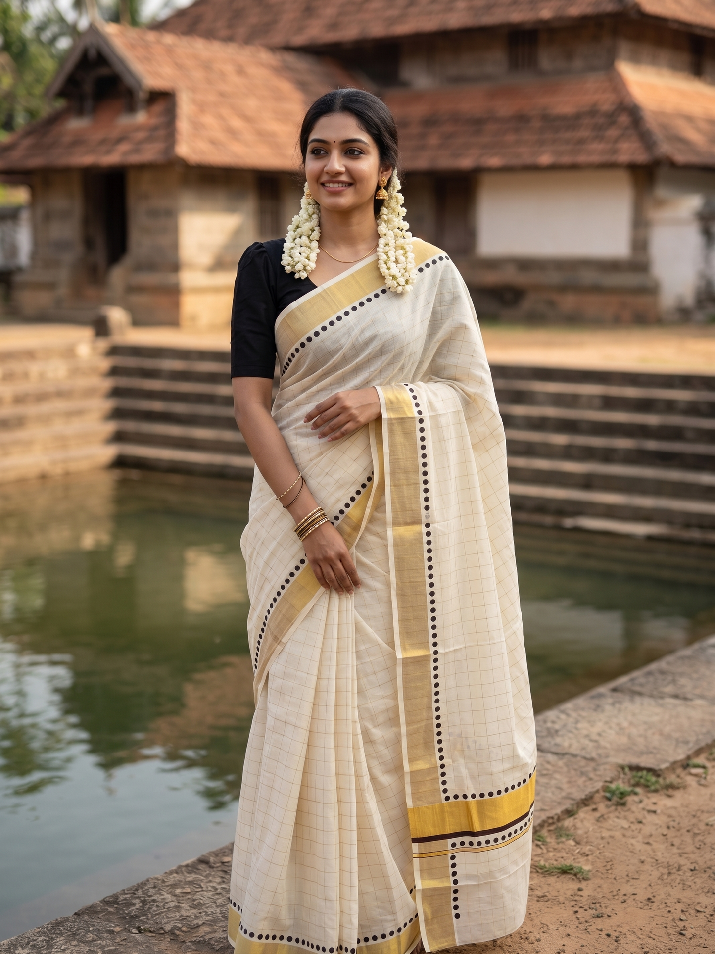 Southloom Cotton Kerala Kasavu Check Saree with Brown Polk Dots Design Border