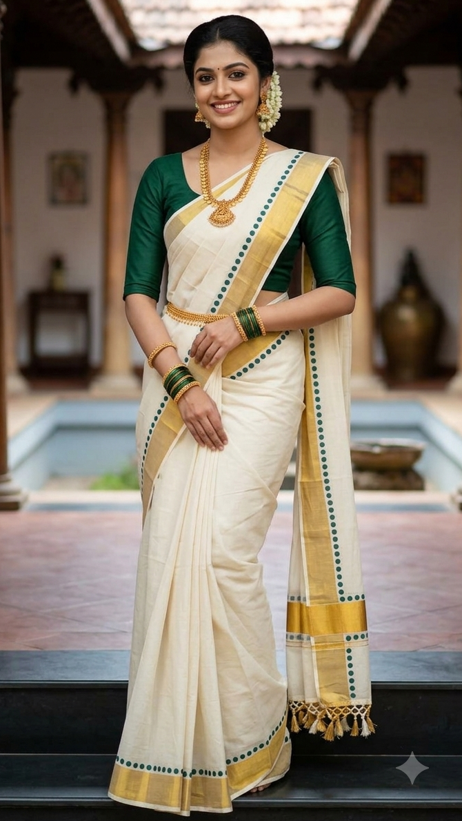 Southloom Kerala Kasavu Saree With Golden Kasavu And Dark Green Polka Dot Borders