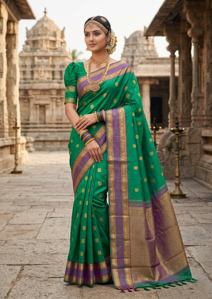 Southloom Pure Handloom Kanchipuram Silk Saree with Korvai Work (Green & Magenta)