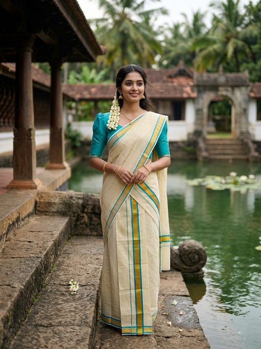 Kerala Cotton Set Mundu (Mundum Neriyathum) with Kasavu and Turquoise Border 2.80 Mtrs SL244