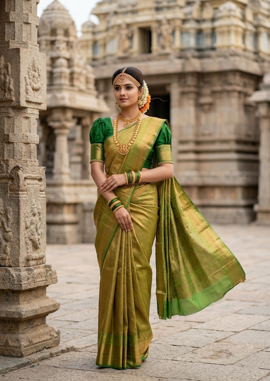 Southloom Premium Semi Silk Zari Work Brocade Saree in Bridal Green with Matching Pallu (Kanchipuram Pattu Saree)