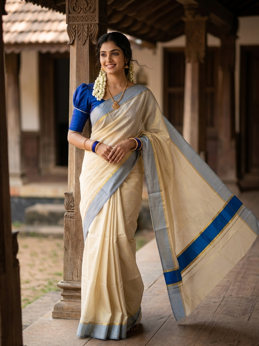Southloom Kerala Tissue Kasavu Saree in Blue