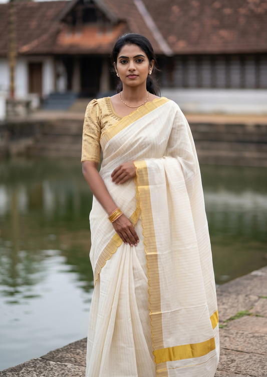 Southloom Pure Cotton Kerala Kasavu Saree with Stripes on Body and Scalloped Border SL484