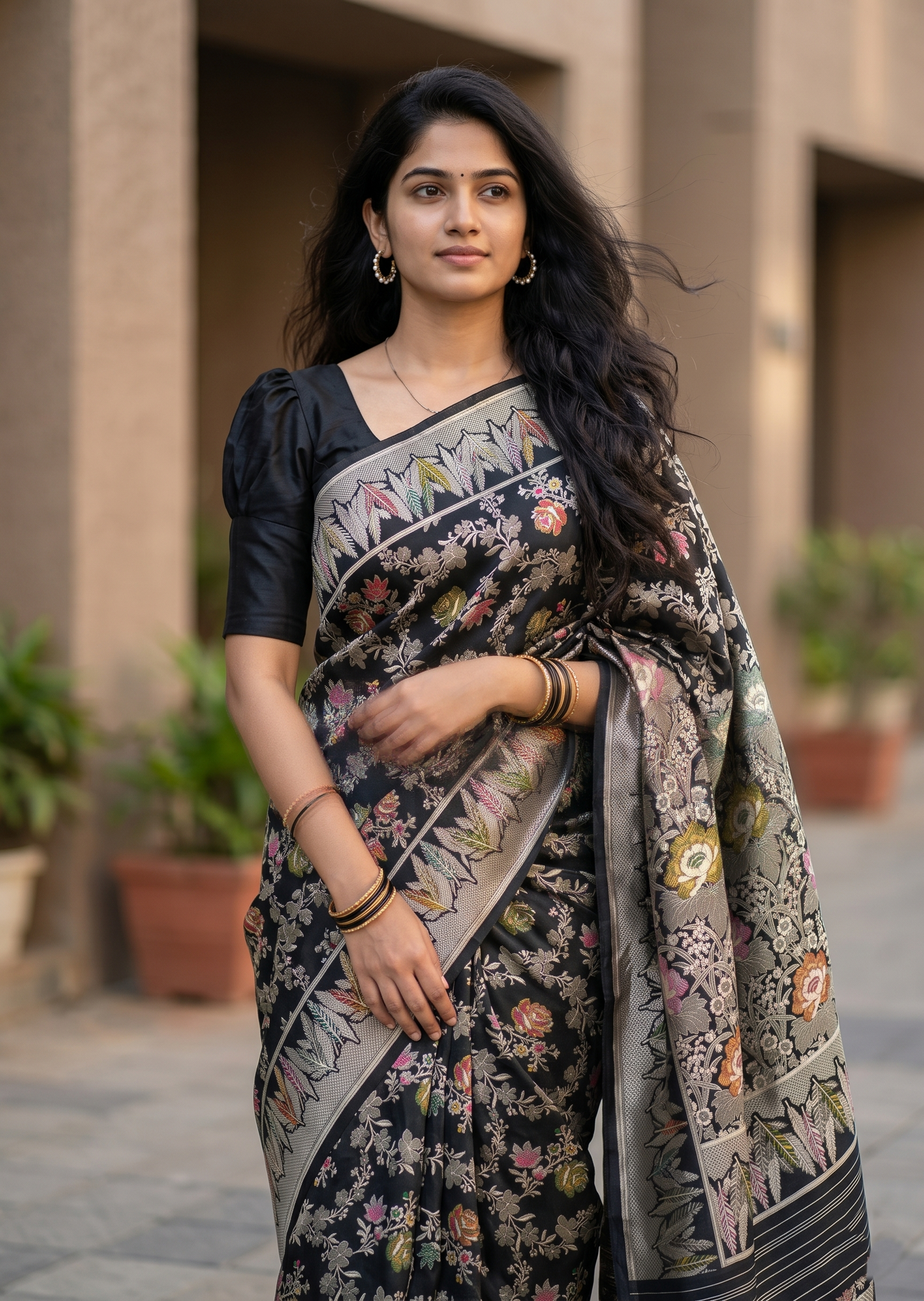 Southloom Pure Banarasi Silk Saree with Woven Work on Body and Borders (Black)