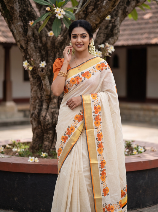 Southloom Kerala Cotton Kasavu Saree with Micro Check And Floral Design on Body In Orange And Black Border SL357