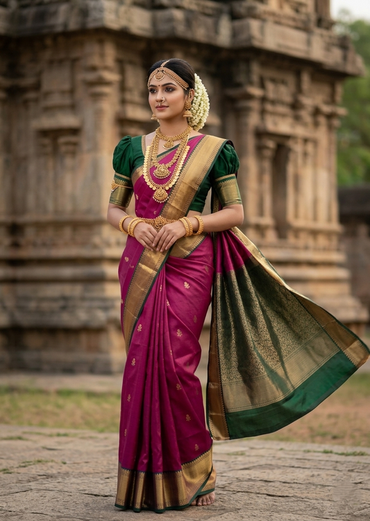 Southloom Pure Handloom Bridal Kanchipuram Silk Saree with Korvai Work (Magenta & Green)