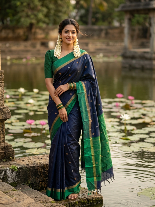 Southloom Semi Silk Saree with Silver Butta Work on Body Blue And Green
