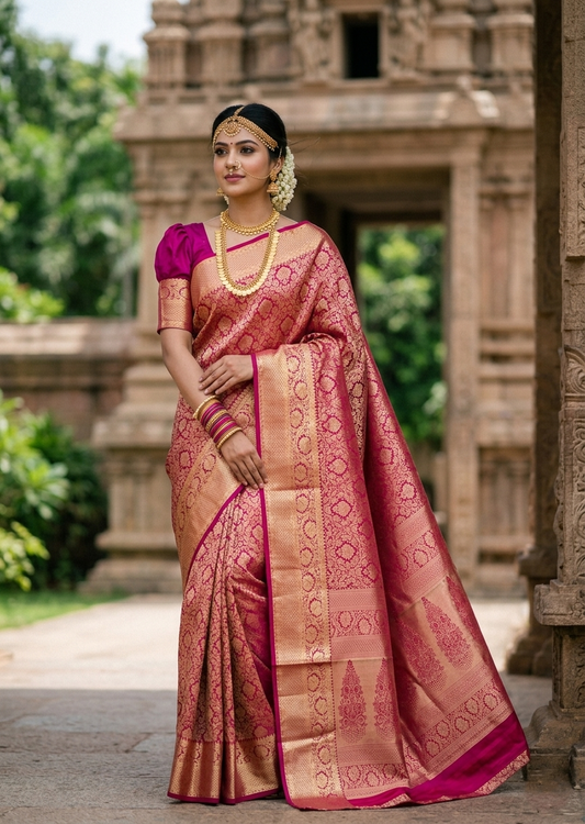 Southloom Premium Handloom Bridal Kanchipuram Silk Saree with Korvai Work