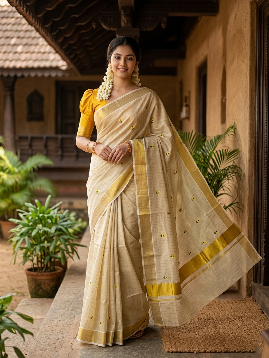 Kerala Tissue Kasavu Lines Saree with Yellow Floral Embroidary Work On Body