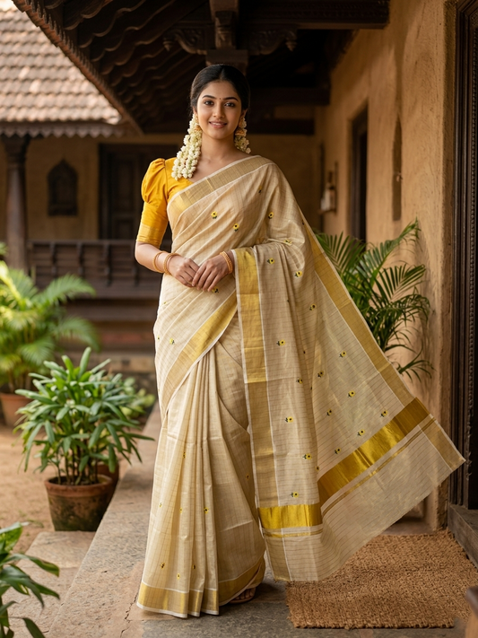 Kerala Tissue Kasavu Lines Saree with Yellow Floral Embroidary Work On Body