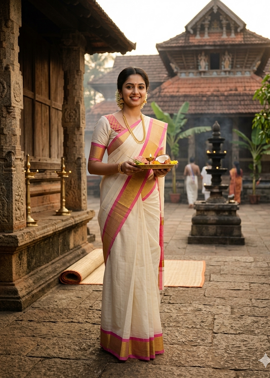 Kerala Cotton Saree With Rani Pink And Gold Lines On Border SL430