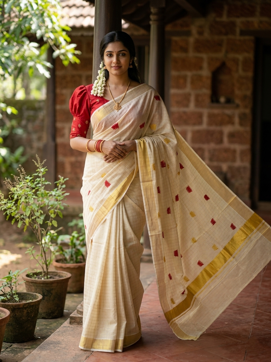 Southloom Kerala Tissue Kasavu Check Saree with Red Lotus Embroidery Works