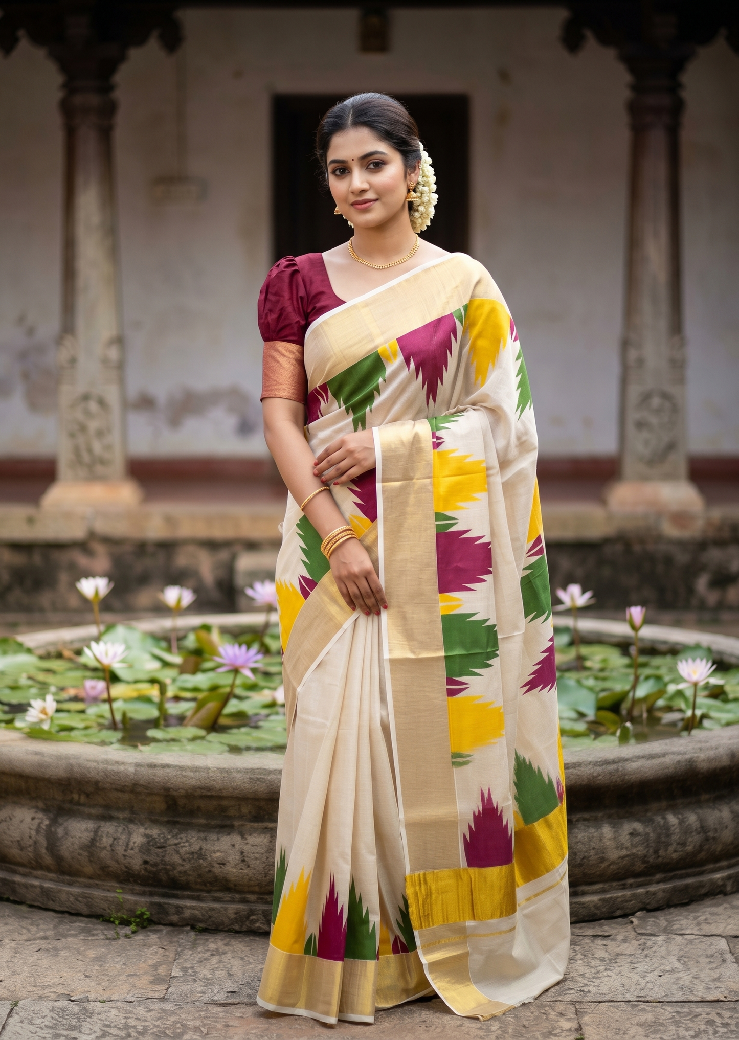 Kerala Tissue Kasavu Saree with Gold Kasavu Border And Temple Digital Print Design on Body SL436